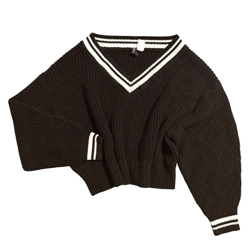 Divided H&M Black V Neck Cropped Sweater White Stripe Ribbed Knit Size M